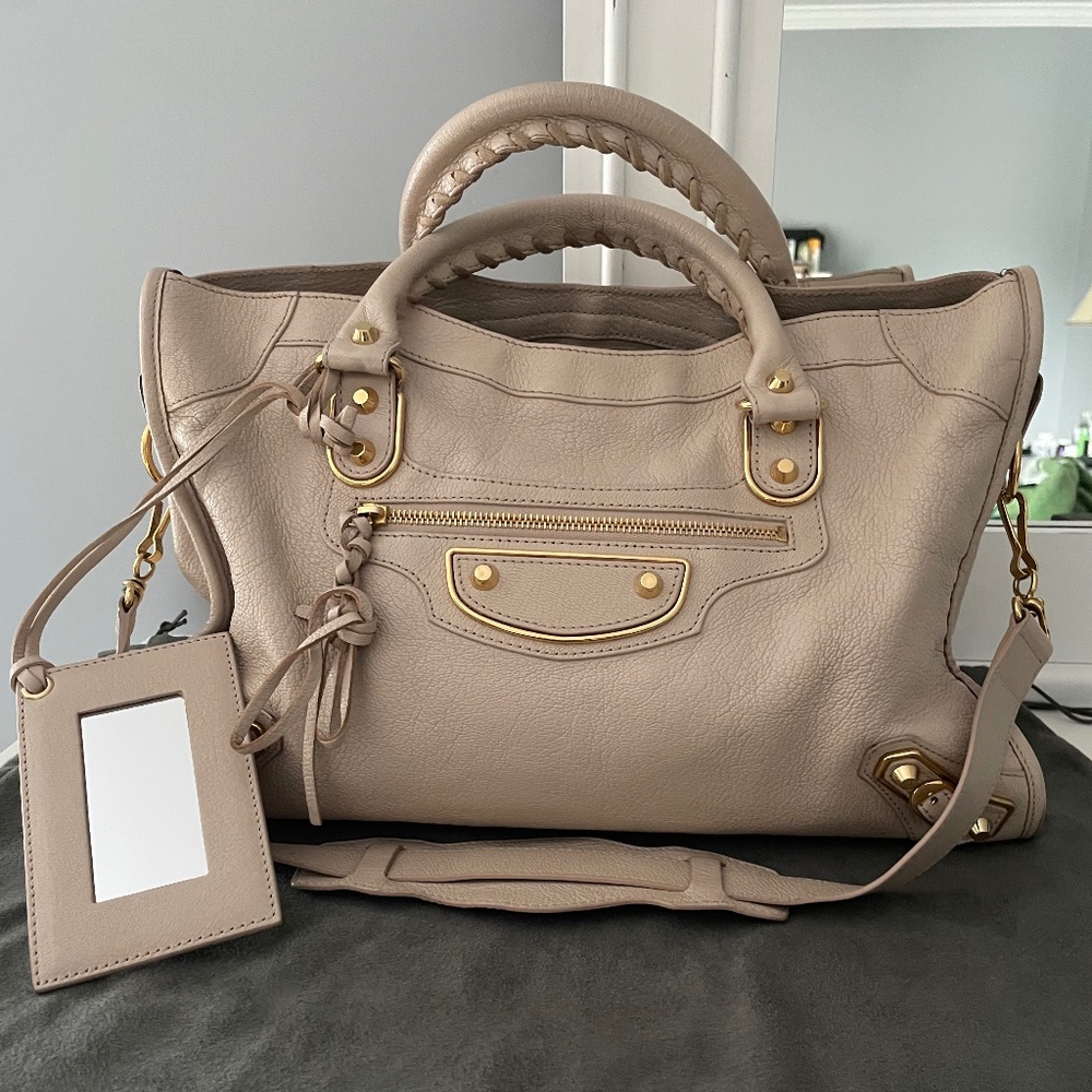 100% AUTH BALENCIAGA City Praline Beige Lambskin Leather ROSE GOLD HARDWARE Bag